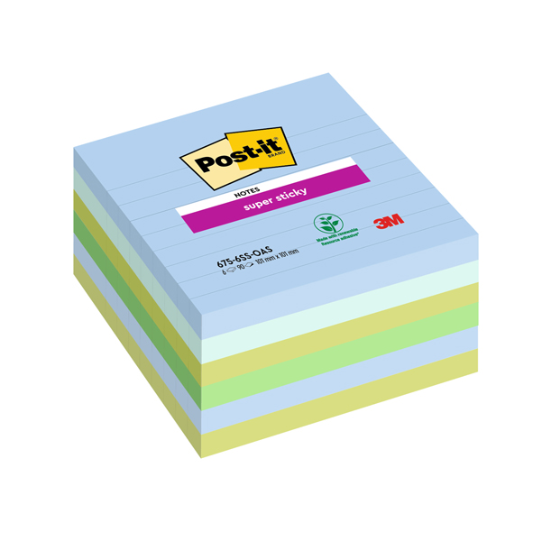 Blocco Post it Super Sticky - 675-6SS-OAS - a righe - 100 x 100 mm - colori Oasis - 90 fogli - Post it - conf. 6 pezzi