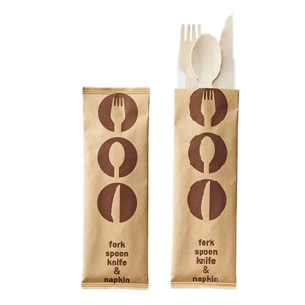 Tris posate - in legno - 16 cm - con tovagliolo - Leone - conf. 48 pezzi