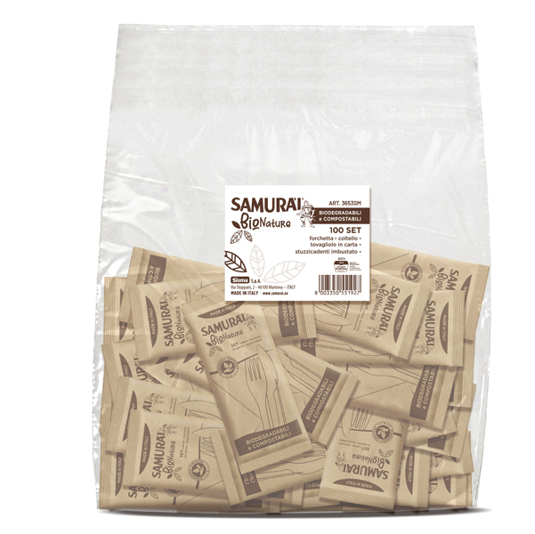 Bis coltello forchetta - PLA - stuzzicadenti e tovagliolo inclusi - Samurai Party