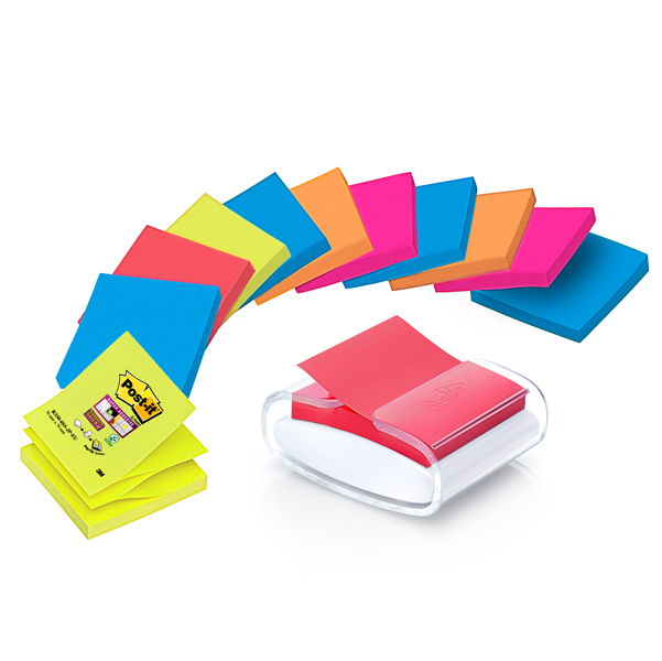 Dispenser Pro Post-it Super Sticky Z Notes - PRO-W-12SSCOL-R330 - 76 x 76 mm - colori assortiti - 12 ricariche di foglietti incluse