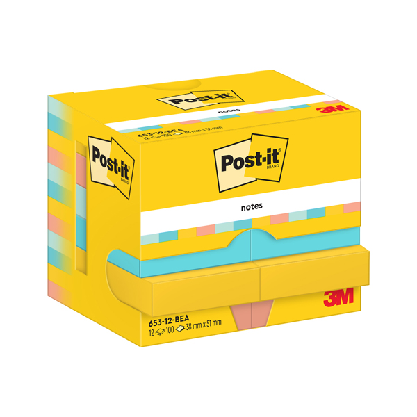 Blocco Post it Super Sticky - 653-BEA - 38 x 51 mm - 100 fogli - colori Beachside - Post-it - conf. 12 pezzi