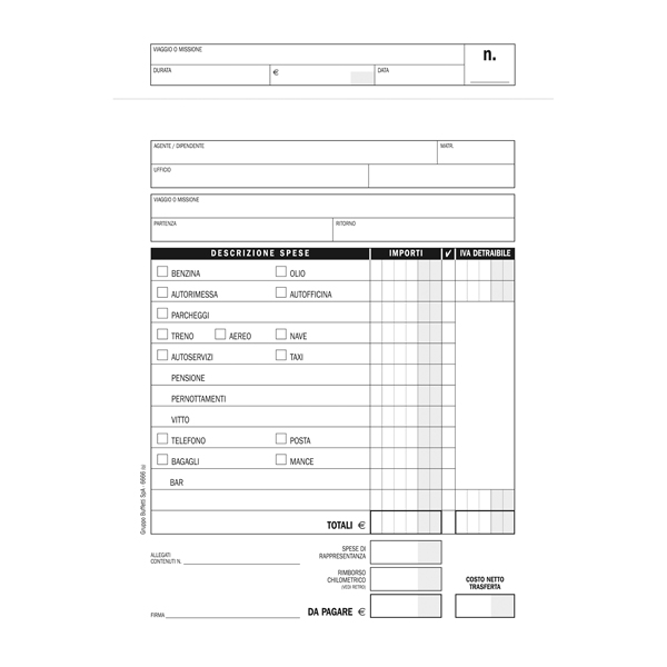 Blocco buste nota spese - staccabili - 23 x 16 cm - Data Ufficio - conf. 25 buste