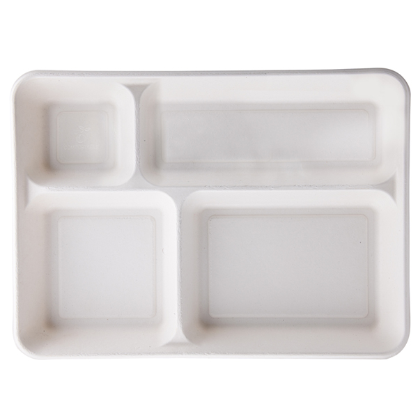 Vassoio biodegradabile - 4 scomparti - 37 x 27 x 3,6 cm - canna da zucchero - bianco - Signor Bio - conf. 20 pezzi
