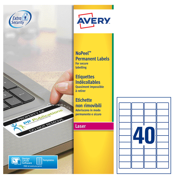 Etichetta in poliestere adesivo L6145 - adatta a stampanti laser - 45,7 x 25,4 mm - 40 et/fg - bianco - Avery - conf. 20 fogli A4
