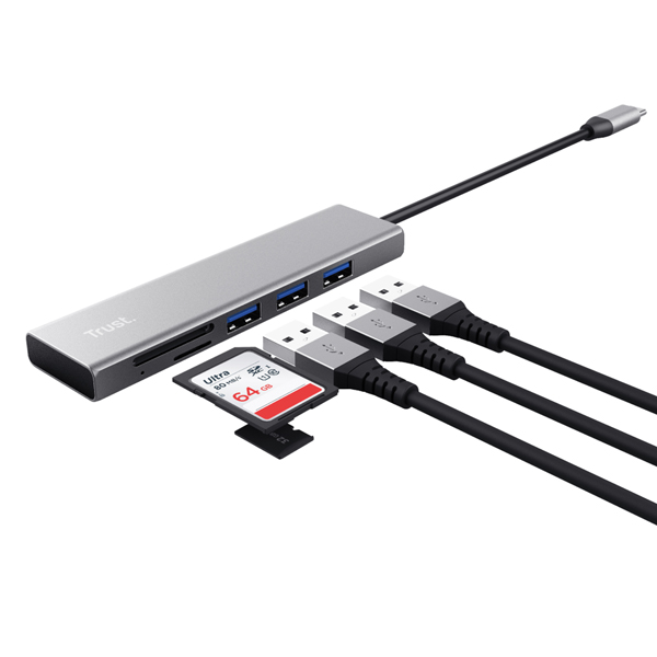 Hub USB-C veloce e lettore di schede - 3 porte - argento - Trust