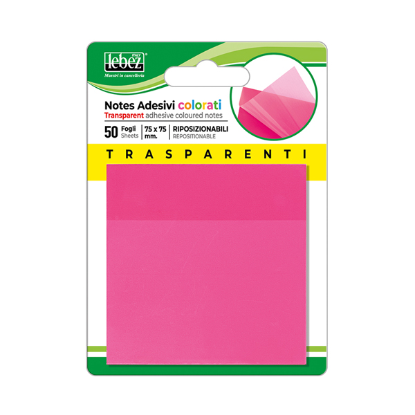 Blocchetto notes adesivo - 75 x 75 mm - colori trasparenti assortiti - Lebez - conf. 72 pezzi