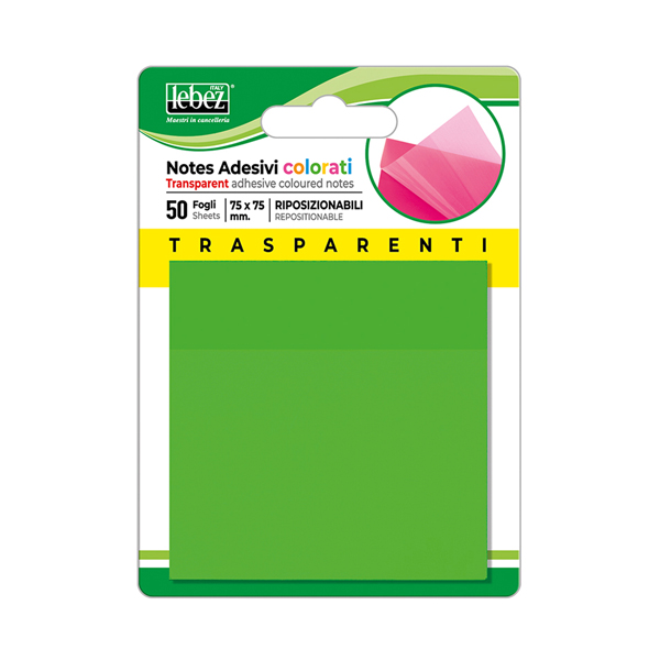 Blocchetto notes adesivo - 75 x 75 mm - colori trasparenti assortiti - Lebez - conf. 72 pezzi