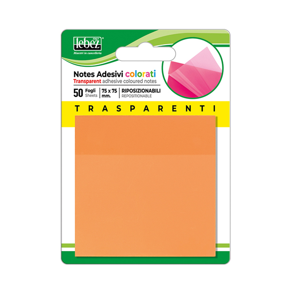 Blocchetto notes adesivo - 75 x 75 mm - colori trasparenti assortiti - Lebez - conf. 72 pezzi