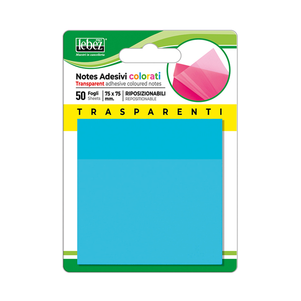 Blocchetto notes adesivo - 75 x 75 mm - colori trasparenti assortiti - Lebez - conf. 72 pezzi