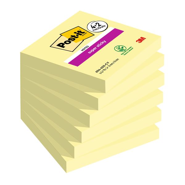 Blocco foglietti Post it Super Sticky - 76 x 76 mm - 90 fogli - giallo canary - Post it - conf. 6 blocchi