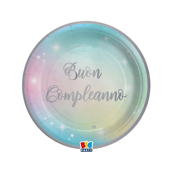 Piatto Soft Rainbow - Buon Compleanno - diametro 18 cm - carta - Big Party - conf. 8 pezzi