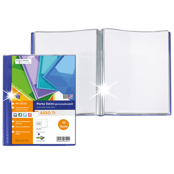 Portalistini Asso TI - personalizzabile - PP liscio - 15 x 21 cm - 40 buste - blu - Sei Rota