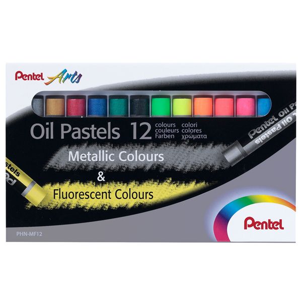 Pastelli a olio - lunghezza 60 mm - colori fluo e metal assortiti - Pentel - astuccio 12 pezzi