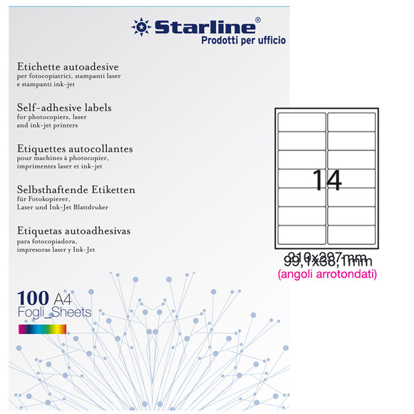 Etichette adesive - in carta - angoli arrotondati - permanenti - 99,1 x 38,1 mm - 14 et/fg - 100 fogli - bianco - Starline