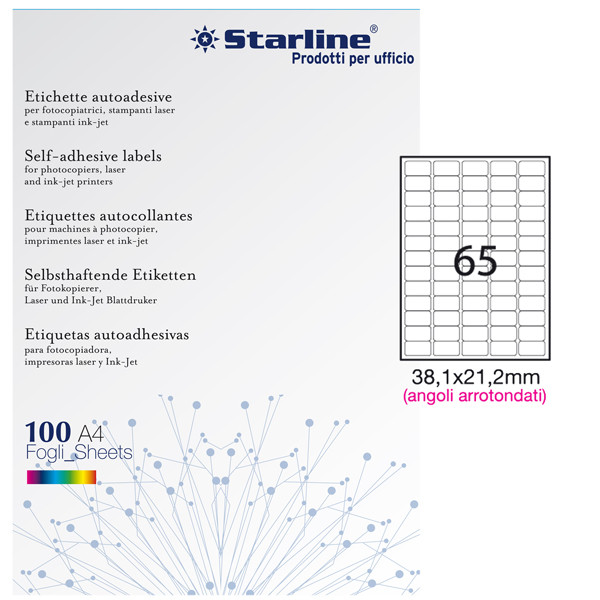 Etichette adesive - in carta - angoli arrotondati - permanenti - 38,1 x 21,2 mm - 65 et/fg - 100 fogli - bianco - Starline