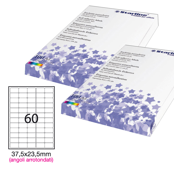 Etichetta adesiva - permanente - 37,5x23,5 mm - angoli tondi - 60 etichette per foglio - bianco - Starline - conf. 100 fogli A4