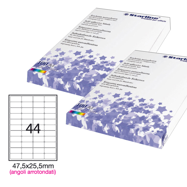 Etichetta adesiva - permanente - 47,5x25,5 mm - angoli tondi - 44 etichette per foglio - bianco - Starline - conf. 100 fogli A4