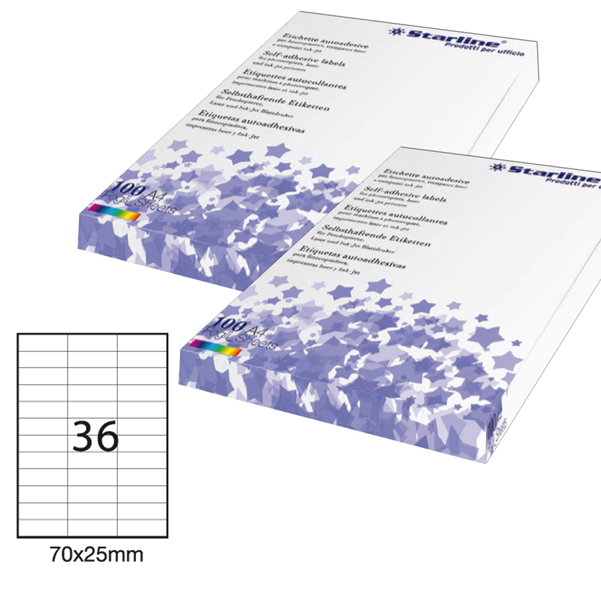 Etichetta adesiva - permanente - 70x25 mm - 36 etichette per foglio - bianco - Starline - conf. 100 fogli A4