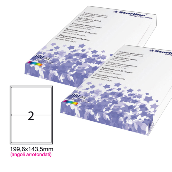 Etichetta adesiva - permanente - 199,6x143,5 mm - angoli tondi - 2 etichette per foglio - bianco - Starline - conf. 100 fogli A4