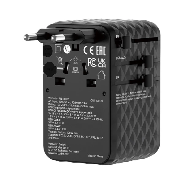 Adattatore - da viaggio universale - GaN III - con cavo USB-C retrattile - Nero - Verbatim