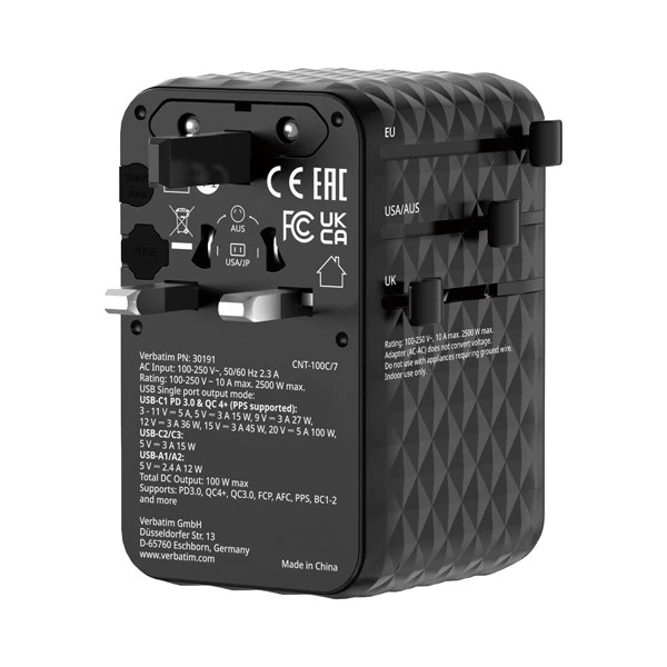 Adattatore - da viaggio universale - GaN III - con cavo USB-C retrattile - Nero - Verbatim