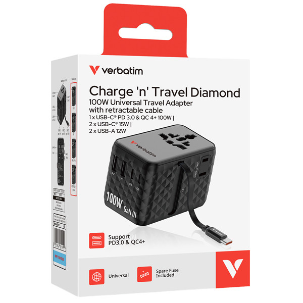 Adattatore - da viaggio universale - GaN III - con cavo USB-C retrattile - Nero - Verbatim