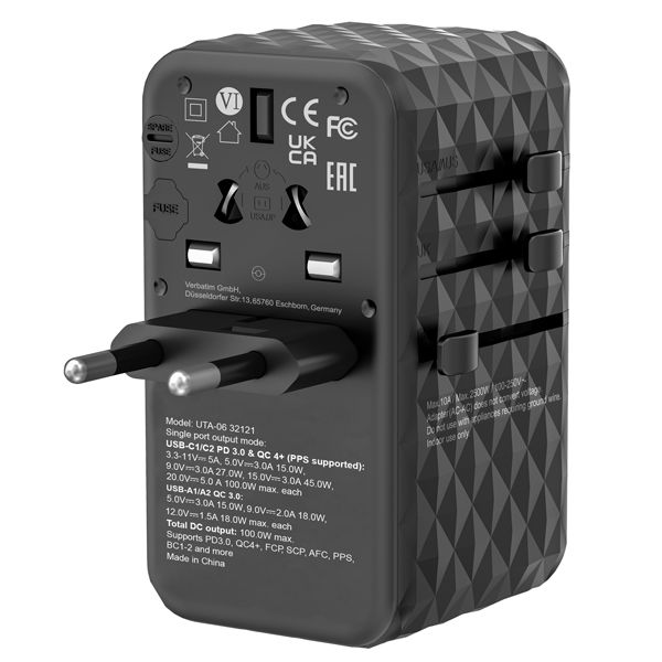 Adattatore da viaggio UTA-06 2x USB-C PD 100W QC 4+ / 2x USB-A QC 3.0-Verbatim