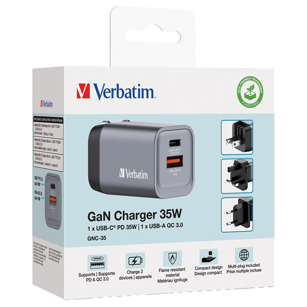 Adattatore da viaggio GNC-35 - 1x USB-C PD 35W, 1x USB-A QC 3.0 35W - Verbatim - 32200