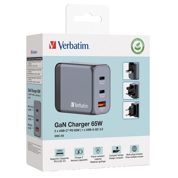 Adattatore da viaggio GNC-65- 2x USB-C PD 65W, 1x USB-A QC 3.0-65W_Verbatim