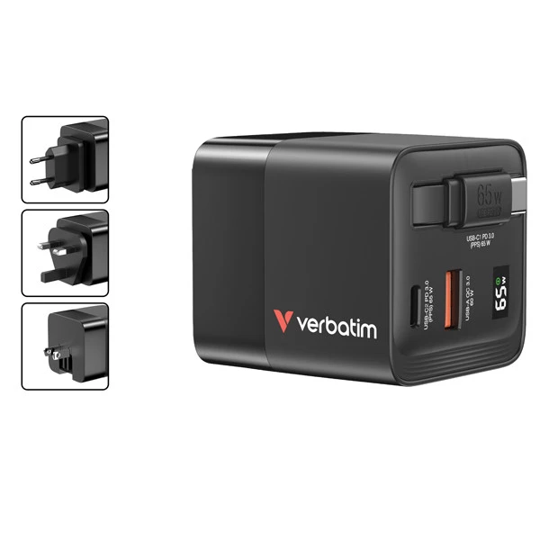 Caricabatterie - da muro - GaN - 65W - 2 porte - con cavo retrattile -Verbatim