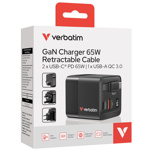 Caricabatterie - da muro - GaN - 65W - 2 porte - con cavo retrattile -Verbatim