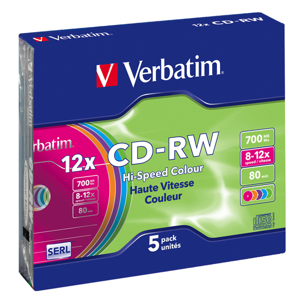 Verbatim - Scatola 5 CD-RW DataLife Plus - slim case - 8X-10X - serigrafato colorato - 43167 - 700MB