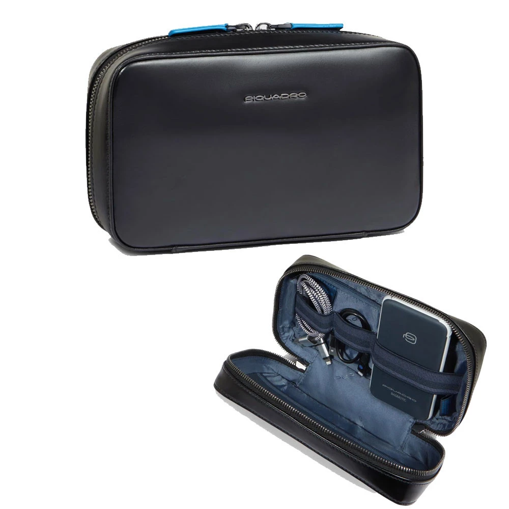Astuccio Portacavi Pelle Pochette Piquadro Blue Square Nera AC6895B2