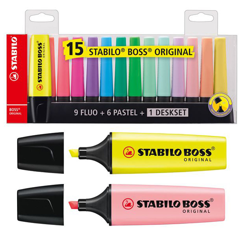 Stabilo Boss Evidenziatori Confezione 15 Fluo + Pastello +